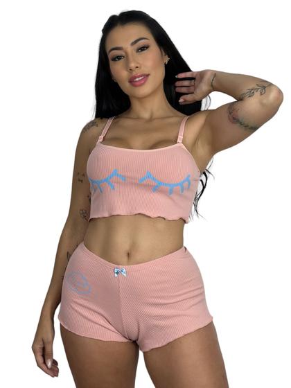 Imagem de baby doll conjunto canelado pijama roupa de dormir ribana cropped