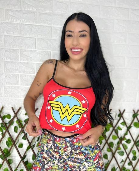 Imagem de Baby Doll Pijama Cropped Estampado Personagens e Short Ondinha Design Divertido