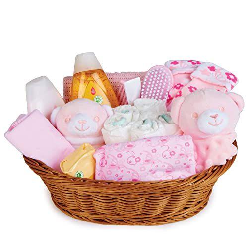 Imagem de Baby Hamper Basket Girl - com roupas de bebê, itens essenciais recém-nascidos, cobertor de bebê, consolador rosa e chocalho de brinquedo macio