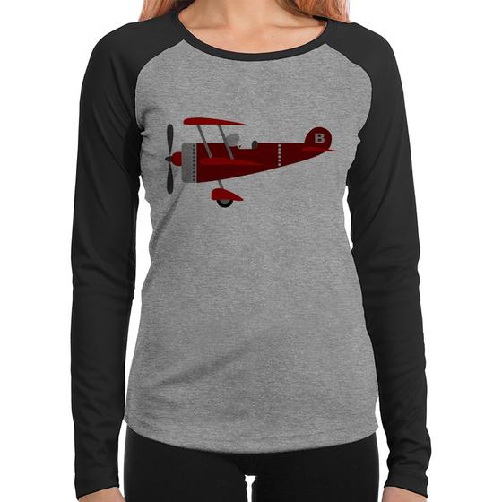 Imagem de Baby Look Raglan Avião Biplano Manga Longa - Foca na Moda