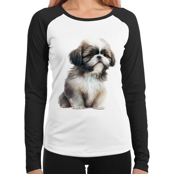 Imagem de Baby Look Raglan Cachorro Shih Tzu Filhote Manga Longa - Foca na Moda