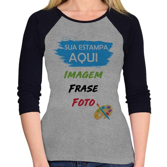 Imagem de Baby Look Raglan Estampa Personalizada (Imagem, frase ou foto) Manga 3/4 - Foca na Moda