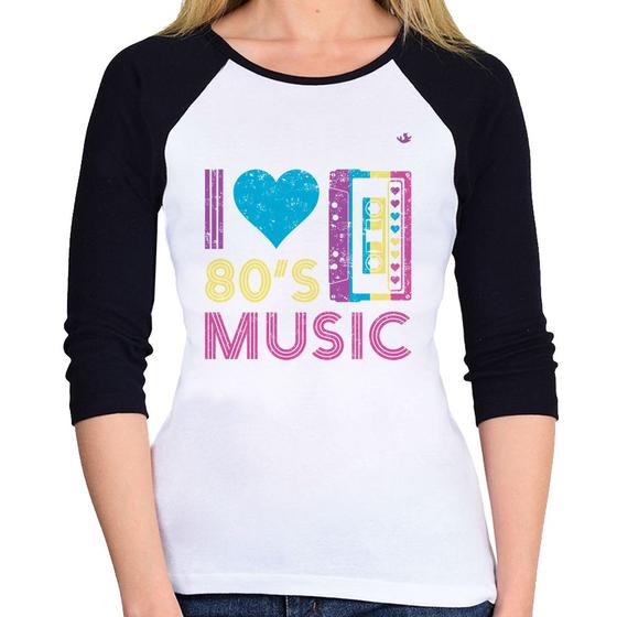 Imagem de Baby Look Raglan I love 80's music Manga 3/4 - Foca na Moda