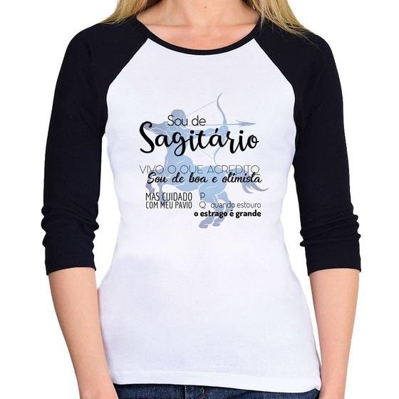 Baby Look Raglan Sou de Sagitário Manga 3/4 - Branco - Foca na Moda Menor preço em Baby Look Raglan Sou de Sagitário Manga 3/4 - Branco - Foca na Moda