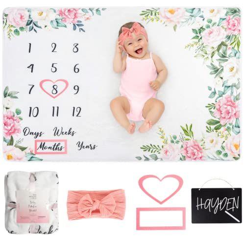 Imagem de Baby Monthly Milestone Blanket - Gráfico de Crescimento Personalizado recém-nascido - Fundo personalizado de fotografia de velo macio - inclui premium heart, frame e pink bow headband. 60" X 40"