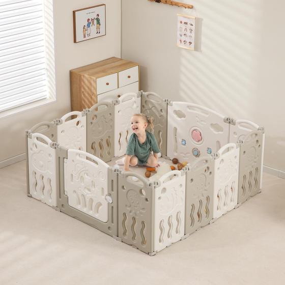 Imagem de Baby Playpen IFLETH dobrável com 14 painéis, porta de segurança, cinza