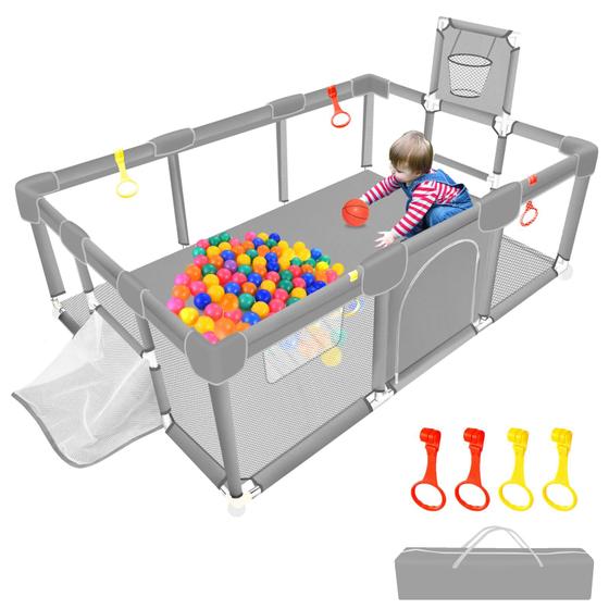 Imagem de Baby Playpen SZBOB Large Ball Pit com cesta de basquete cinza