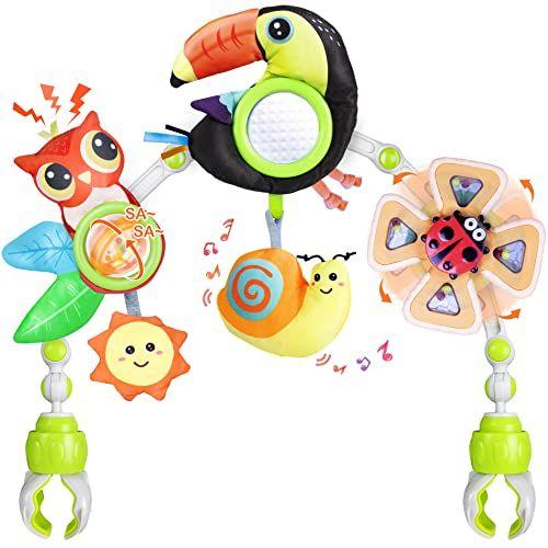 Imagem de Baby Stroller Arch Toy with Rattle, Crinkle Sound, Mirror & Music Toy, Baby Travel Play Arch Suction Cup Fidget Spinner Toys por 0-6 meses, recém-nascidos Ajustáveis Tucanjo Sensorial Atividade Portador de Brinquedo