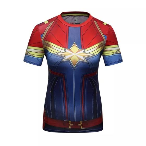 Imagem de Babylook Capitã Marvel Camisa de Compressão Feminina Rashguard Elastano Manga Curta