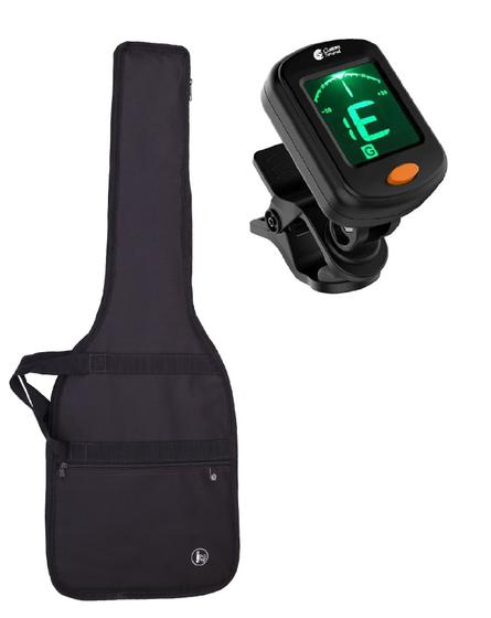 Imagem de Bag capa guitarra strato simples nylon bolso alça de mão e lateral + afinador digital cromatico para instrumento de corda