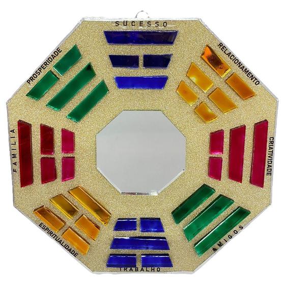 Imagem de Baguá Feng Shui Vidro Espelhado Colorido Dourado Octogonal