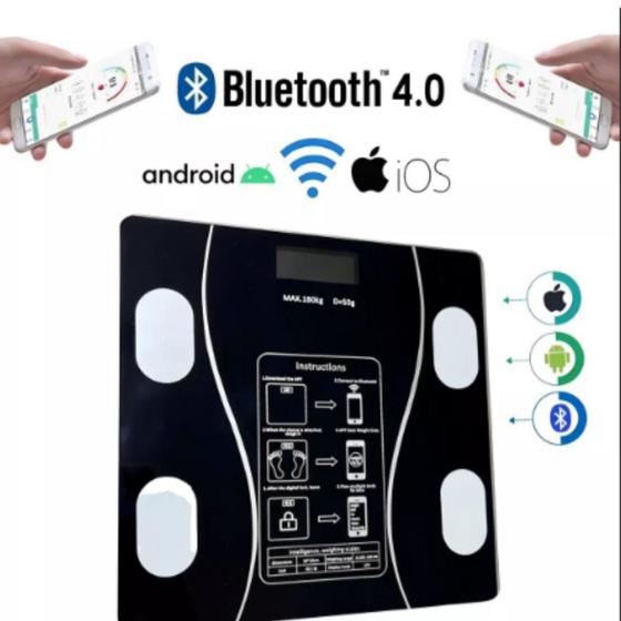 Imagem de Balança Corporal Bluetooth Vidro Preto Bioimpedância App Inteligente