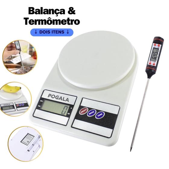 Imagem de Balança de Cozinha Digital Para Pesar Alimentos até 10kg com Termômetro Culinário Espeto Digital 