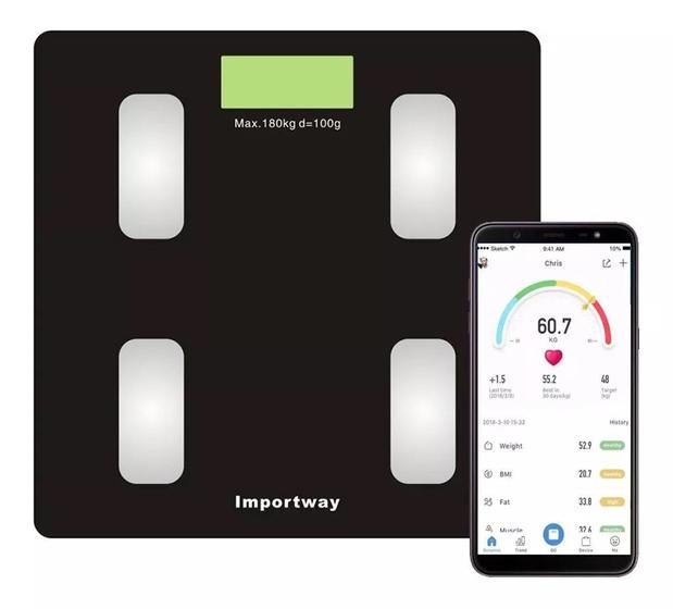 Imagem de Balança Digital Bioimpedância Com Bluetooth Aplicativo Peso Corporal Gordura até 180kg IWBDBIO001APP