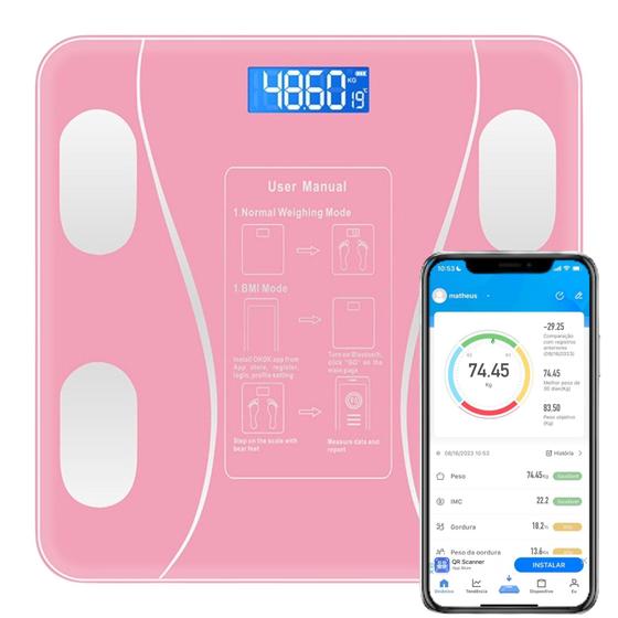 Imagem de Balança Digital Bioimpendancia Corporal App Smart 180kg Lcd Rosa Pink