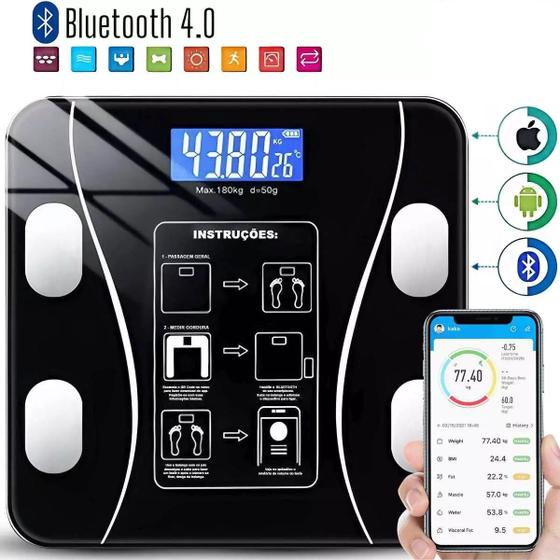 Imagem de Balança Digital Bluetooth Profissional IMC Saúde Vidro Preto Fitness