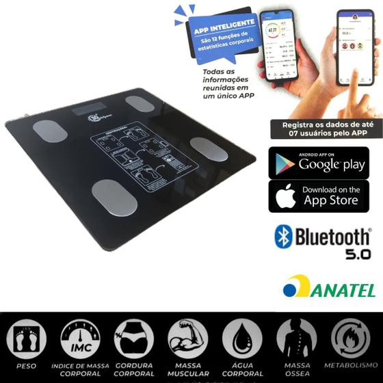 Imagem de Balança Digital Corporal Bioimpedancia Aplicativo Bluetooth 180 Kg