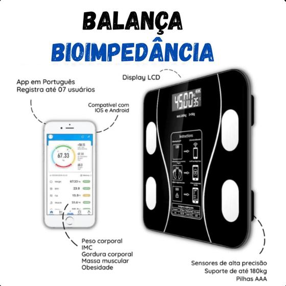 Imagem de Balança Digital Corporal Bluetooth IMC Bioimpedância Preto 180kg