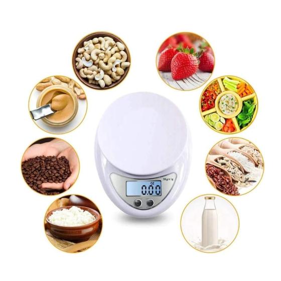 Imagem de Balança Digital De Cozinha Branca Alta Precisão Até 5 Kilos Com Bandeja Visor Fácil Leitura Desligamento Automático Uso Doméstico