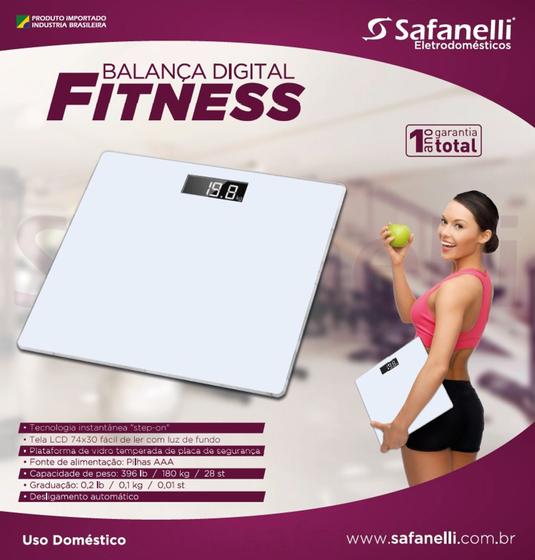 Imagem de Balança Safanelli Fitness branca digita ltampo em vidro 5mm leitura super rápida 180kg