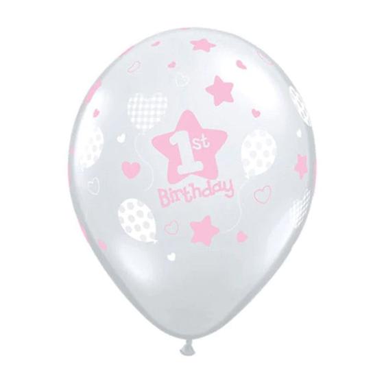 Imagem de Balão de Festa Látex Liso Decorado - 1st Birthday Rosa - 11" 27cm - 50 unidades - Qualatex Outlet - Rizzo