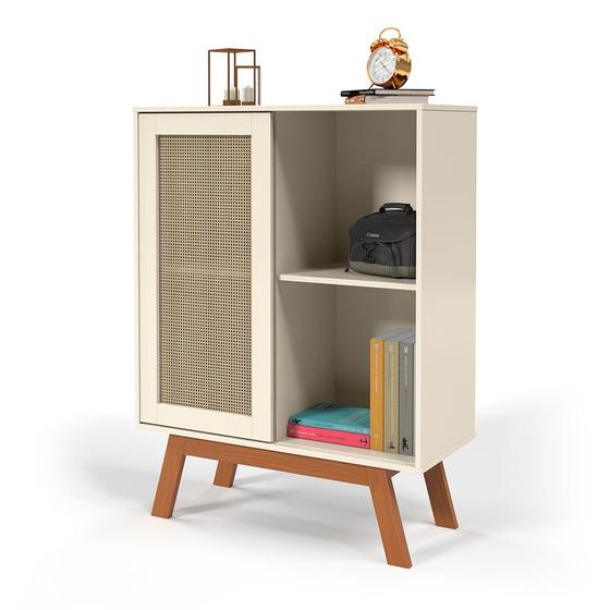 Imagem de Balcao Alto Aparador Buffet com Porta de Correr Rattan pés em Madeira Off White
