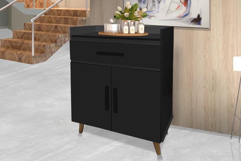 Imagem de Balcão / Aparador MON Estilo Retrô Com 2 Portas e 1 Gaveta Ampla Cor Preto