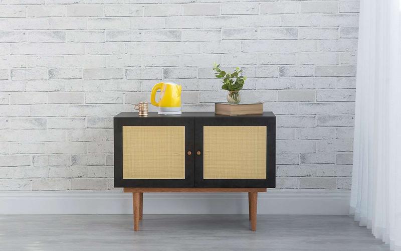 Imagem de Balcão Buffet Pés Palito Madeira Pequeno 2 Portas Mdf E Palhinha Estilo Retrô Preto  - Charlie (90X35X64,7 Cm)