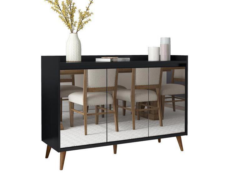 Imagem de Balcao Buffet Retrô com Espelho Delta 3 Portas Preto - MoveisAqui