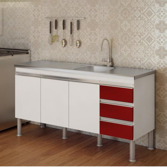 Imagem de Balcão de Cozinha 3 Portas 133,5cm Ibiza MGM Móveis (Balcão Não Acompanha Tampo e Pia) Branco/Vermelho