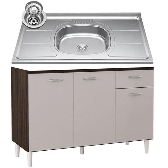 Imagem de Balcão de Cozinha com Pia Inox 120cm 3 Portas Classic P11 Chocolate/Off White - Mpozenato