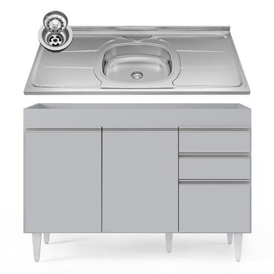 Imagem de Balcão de Cozinha com Pia Inox 120cm 3 Portas Michigan Cinza Claro - Lumil