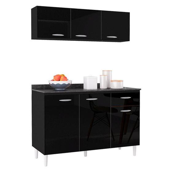 Imagem de Balcão de Cozinha com Tampo e Armário Aéreo 120 cm Preto  Poquema