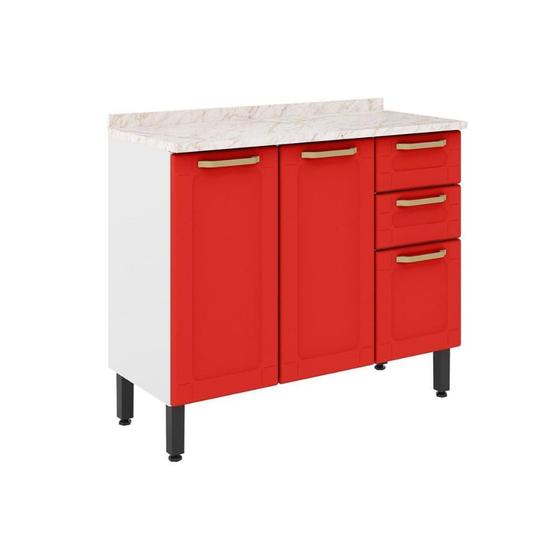 Imagem de Balcão de Cozinha Modulado Colors 6114 3 Portas e 2 Gavetas c/ Tampo Branco/Vermelho - Bertolini