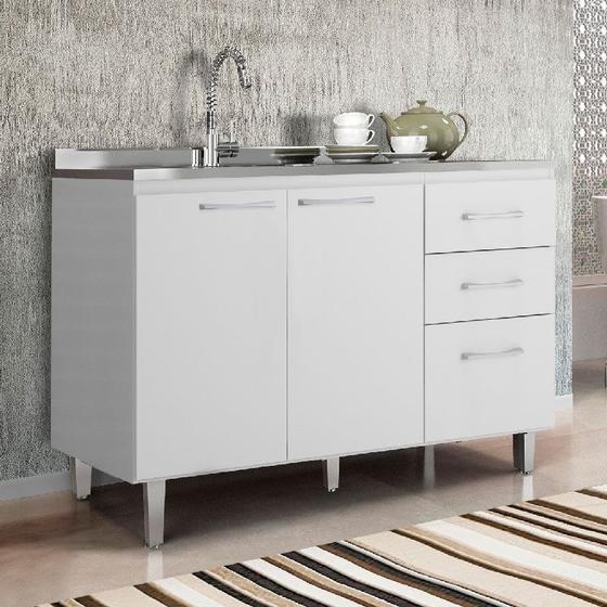 Balcão de Cozinha para Pia 120cm Áustria Sem Tampo 2 Portas e 3 Gavetas Cor Branco - Rud Rack Menor preço em Balcão de Cozinha para Pia 120cm Áustria Sem Tampo 2 Portas e 3 Gavetas Cor Branco - Rud Rack