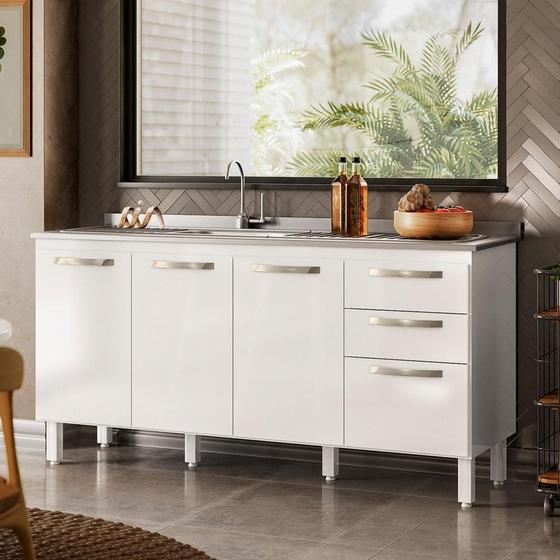 Imagem de Balcão De Cozinha Para Pia 158cm 3 Portas 3 Gavetas Branco Fisher Nicioli