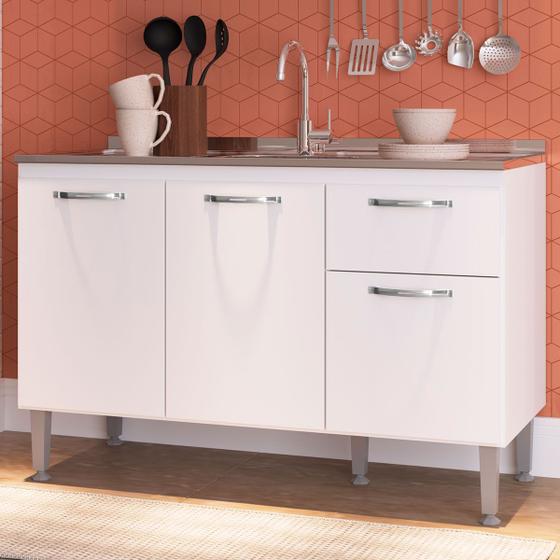 Imagem de Balcão de Cozinha para Pia 3 Portas 1 Gaveta Branco - Irm Móveis
