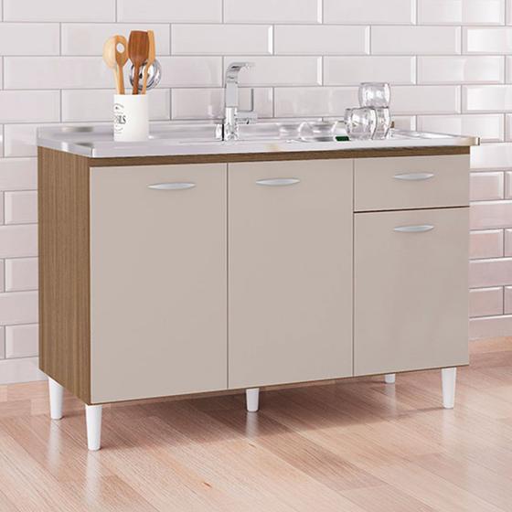 Balcão de Cozinha para Pia 3 Portas 1 Gaveta Castanho/Off White A434 - Poquema Menor preço em Balcão de Cozinha para Pia 3 Portas 1 Gaveta Castanho/Off White A434 - Poquema