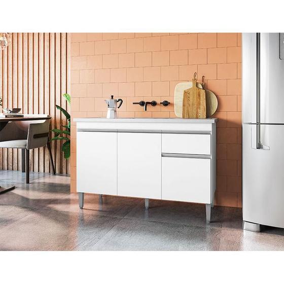 Balcão de Pia Ambiente Tatiane 120 cm Branco Brilho - AJL Menor preço em Balcão de Pia Ambiente Tatiane 120 cm Branco Brilho - AJL