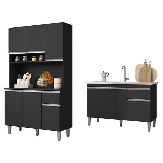 Balcão de Pia Tatiane 120 cm e Armário Cozinha Kit Márcia Preto Fosco - AJL Menor preço em Balcão de Pia Tatiane 120 cm e Armário Cozinha Kit Márcia Preto Fosco - AJL