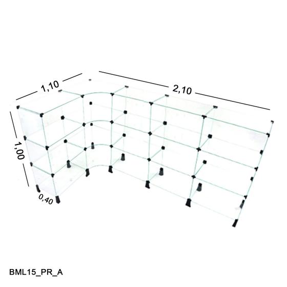 Imagem de Balcão de Vidro em L - C/ Conectivo Preto MOD.50 - 2,10 x 1,00 x 1,10 x 0,40m