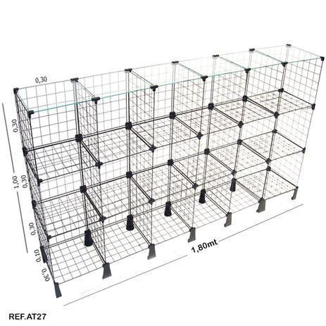 Imagem de Balcão/Estante Aramado 1,00x1,80x0,30M Preto com 18 Nichos e Tampo de Vidro