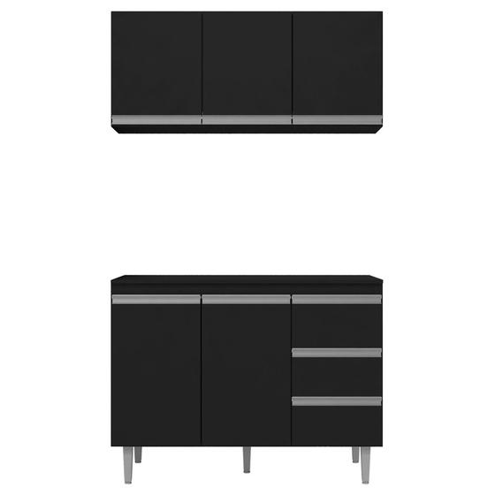 Imagem de Balcão Gabinete Andréia com Tampo 120cm 2 Portas e Armário Aéreo 3 Portas Preto - Desk Design