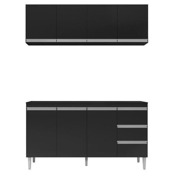 Imagem de Balcão Gabinete Andréia com Tampo 160cm 3 Portas e Armário Aéreo 4 Portas Preto - Abmaza