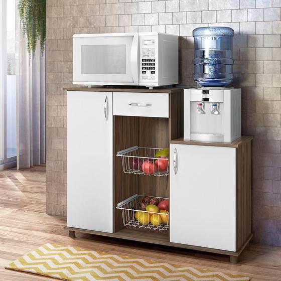 Imagem de Balcão Gabinete Armário Fruteira Diva 2 Portas 1 Gaveta 1 Prateleira Cozinha Marrom Escuro Branco