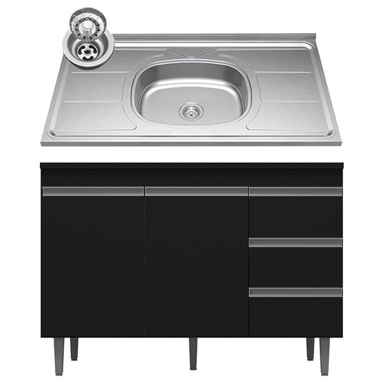 Imagem de Balcão Gabinete com Pia Inox 120cm 2 Portas 3 Gavetas Andréia Preto Total - AJL Móveis