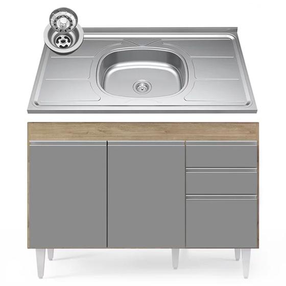 Imagem de Balcão Gabinete com Pia Inox 120cm Michigan Castanho/Cinza - Lumil