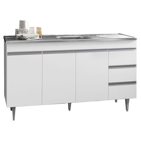 Imagem de Balcão Gabinete com Pia Inox 150cm 3 Portas 3 Gavetas Andréia Branco - AJL Móveis