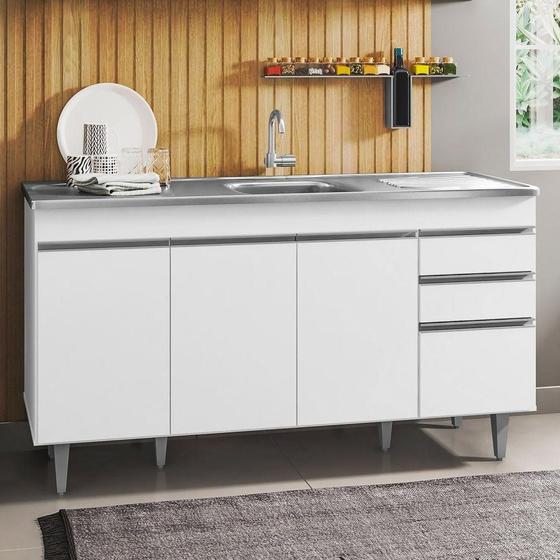 Balcão Gabinete com Pia Inox 150cm 4 Portas 2 Gavetas Branco Menor preço em Balcão Gabinete com Pia Inox 150cm 4 Portas 2 Gavetas Branco