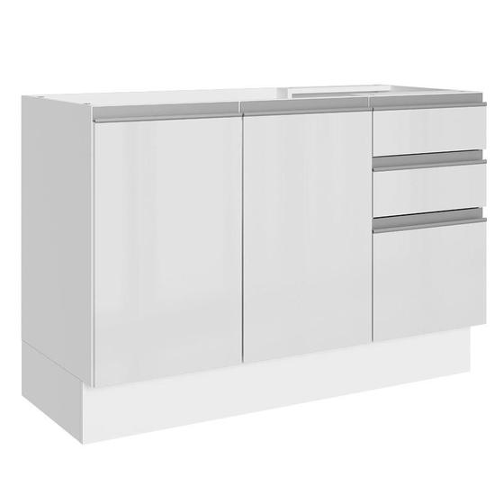 Imagem de Balcão Gabinete de Pia Armário de Cozinha 100% MDF 120 cm 3 Portas e 2 Gavetas Portas Branco Brilho Acordes Madesa